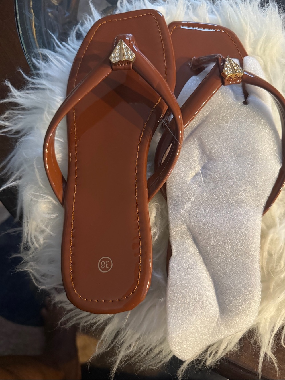Brown Jewel-Trim Patent Thong Sandals